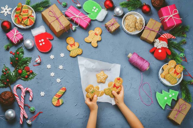 Christmas background with gifts, cookies, Christmas decoration a